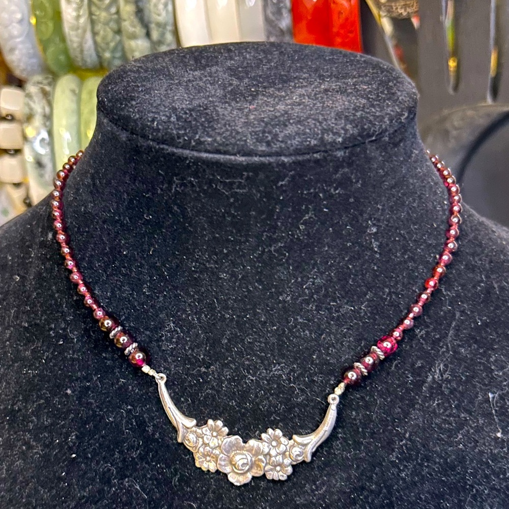 Vintage Garnet Floral Sterling Necklace
